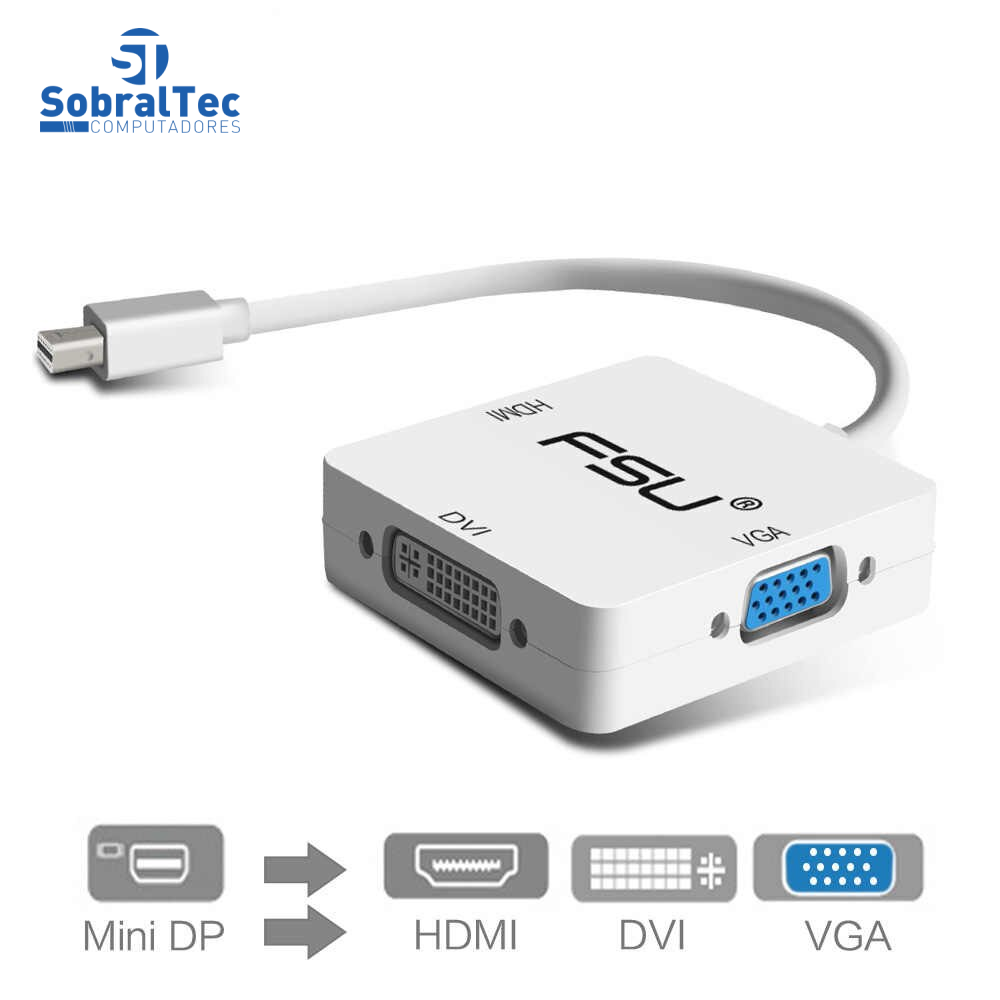 Adaptador 3 Em 1 Thunderbolt Mini Displayport Para Vga Dvi Hdmi FSU Linkey MDP1IN3